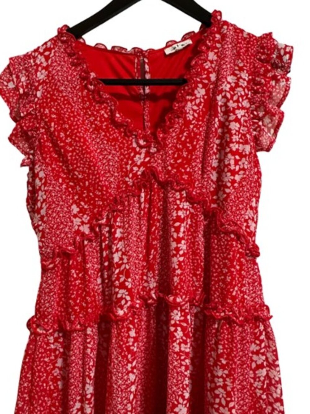 In Loom Red Floral V-Neck Tiered Ruffle Cap Sleeve Mini Dress - Size Large - Picture 2 of 12